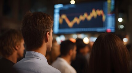 Attentive people observe a vibrant market graph on a large screen in a modern business environment at night
