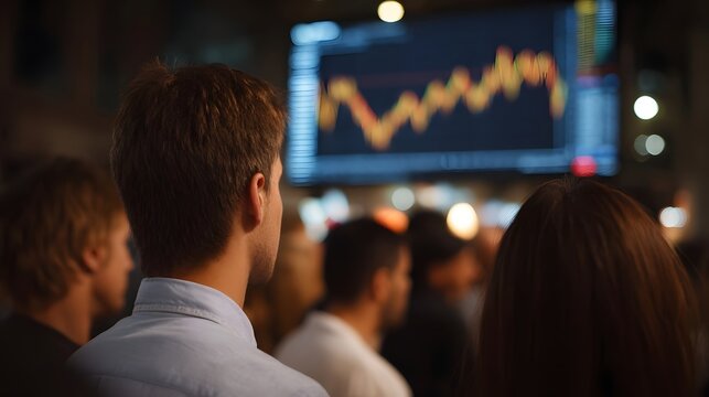 Attentive people observe a vibrant market graph on a large screen in a modern business environment at night