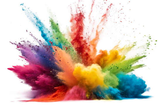 Explosion colorful powder pigments dynamic cloud smoke, cut out transparent