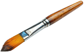 Fototapeta premium Vintage artist paintbrush with brown wooden handle and metal ferrule, angled bristle brush tool for watercolor and acrylic painting isolated on Transparent Background