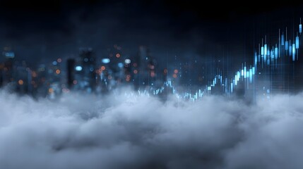 Abstract futuristic financial graph rising through city mist at night