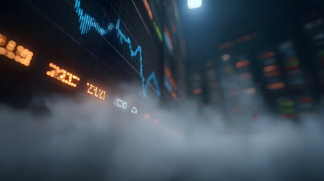 A futuristic financial trading screen displays fluctuating market data amidst swirling digital mist