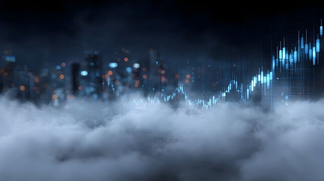 Abstract futuristic financial graph rising through city mist at night