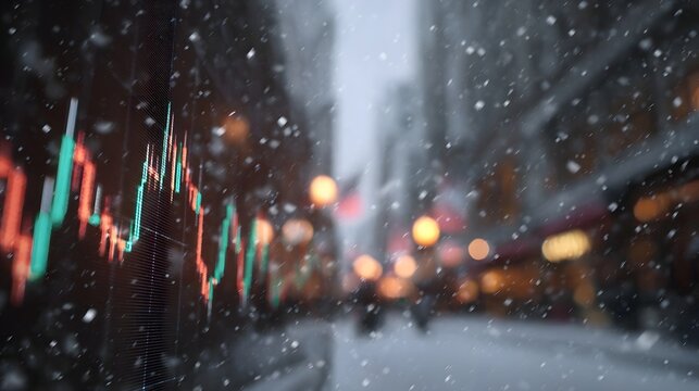 A financial graph on a screen displays market data during a snowy winter evening in a blurred city