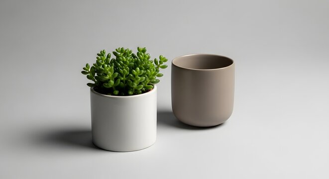 A minimalist still life photograph featuring a small green succulent plant in a white pot and an empty beige ceramic mug against a plain light gray background