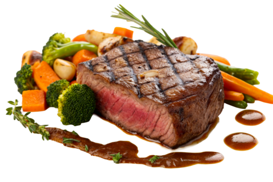 Grilled filet mignon steak mixed roasted vegetable meal, cut out transparent
