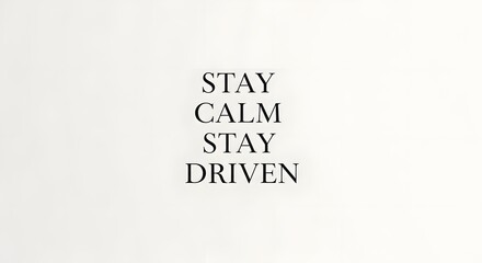 Minimalist motivational quote poster with the words 'Stay Calm Stay Driven' in black text on a plain white background