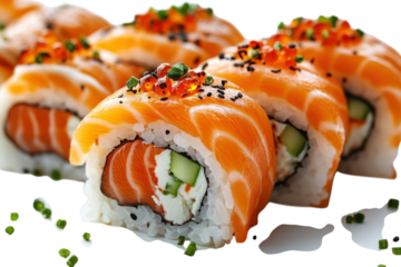 Salmon sushi rolls creamy filling ikura topping delicious culinary art elegant presentation japanese