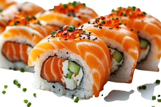 Salmon sushi rolls creamy filling ikura topping delicious culinary art elegant presentation japanese
