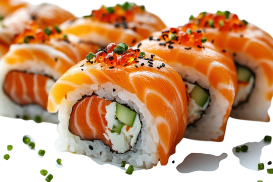 Salmon sushi rolls creamy filling ikura topping delicious culinary art elegant presentation japanese