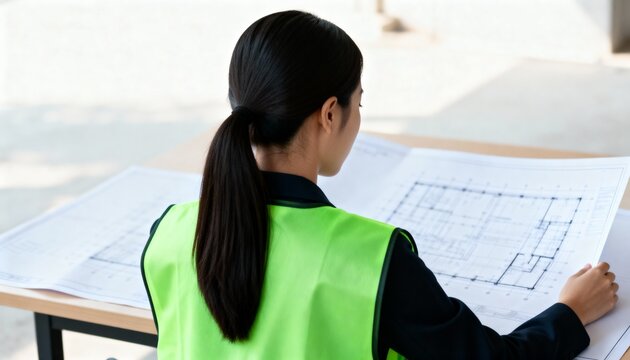 Female engineer in a safety vest reviewing construction blueprints at a table. Architect working on a building project plan. Professional industry concept - Powered by Adobe