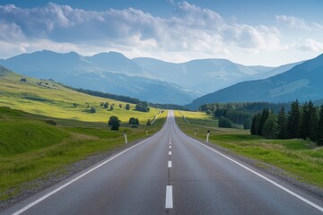 Naklejka premium Open road trip through mountains and green fields under a blue sky with white clouds for travel and adventure