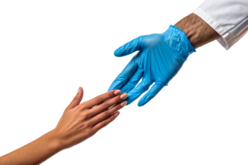 Doctor's hand in blue glove reaches for patient's hand