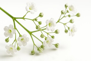 Small white gypsophila twigs extreme macro diagonal focus on intersecting twig tips on white