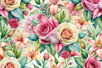 Painting of a flower garden with pink and yellow flowers. Graphic, photo, vector, images, illustration, art, design, clipart, abstract, digital, tshirt, pattern, mockup, stock