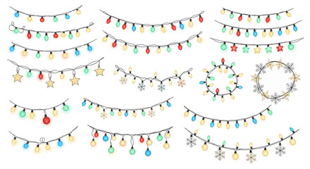 Assortment of colorful festive string lights and decorative ornaments.