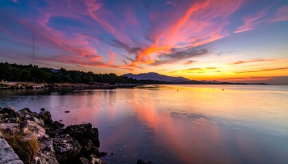 Vibrant sunset reflecting on the calm sea near the rocky coast.