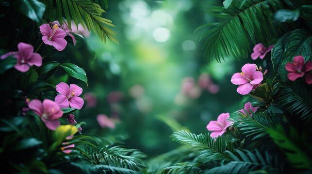 Lush jungle scene with pink flowers - Powered by Adobe