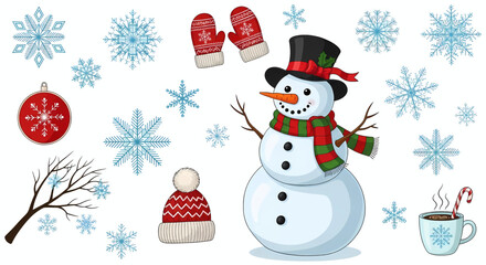 Festive snowman wearing a top hat striped scarf and mittens surrounded by various winter elements and snowflakes.