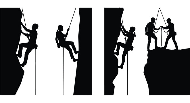 Rock climbing silhouette climbers rappelling adventure extreme sport - Powered by Adobe