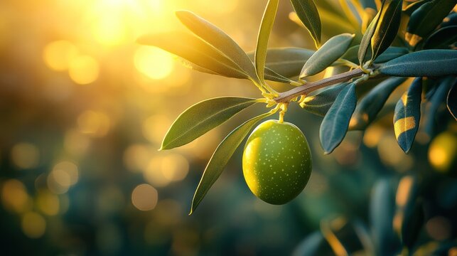 Lush olive branch with single olive fruit, golden light