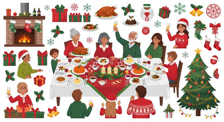 Fototapeta premium Festive Christmas Holiday Collection: Family Dinner Decorations Gifts and Seasonal Food Items.