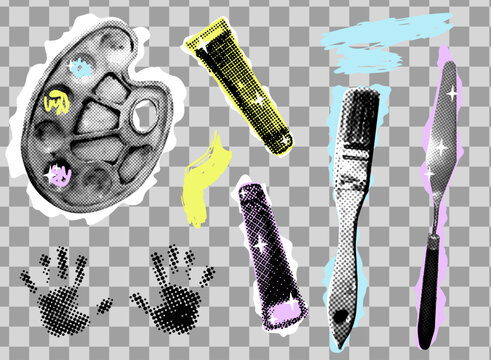 Halftone artist tools collage elements set. Half tone Contemporary vector poster. Modern y2k aesthethic Banner.