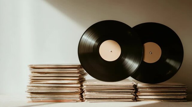 Vintage vinyl records positioned on a stack of albums, showcasing the warm light illuminating the scene, camera gradually zooms in to highlight details and textures