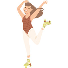 Joyful Young Woman In A Brown Leotard And White Leggings Roller Skating With Arms Raised In A Fun Energetic Pose Isolated On A Transparent Background