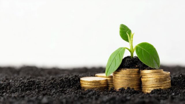 Green plant emerging from stacked coins in rich soil, showcasing growth and prosperity, camera gradually zooms in to highlight details and textures - Powered by Adobe