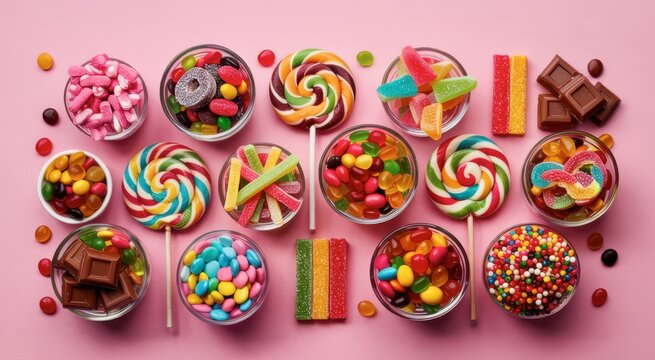Delicious sweets candies lollipops chocolate jellybeans gummy bears assortment of sugary treats on pink background - Powered by Adobe