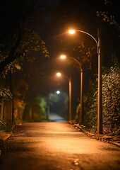 A nighttime pathway, softly illuminated by streetlights, leading into a hazy, dark distance