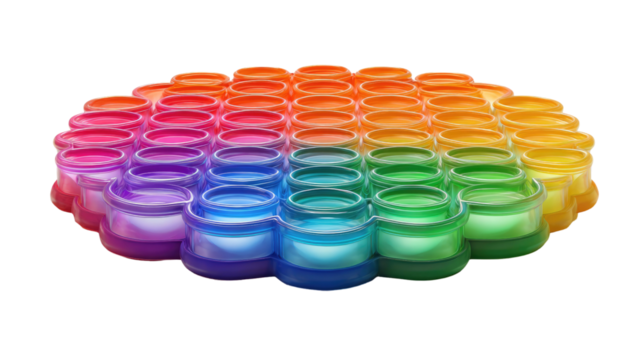 Colorful plastic art set with yellow, red, green, blue, and orange toy boxes, cups, and caps, isolated for a fun design palette