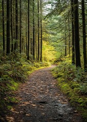 Fototapeta premium A path through a lush, mossy forest. Sunlight filters through the trees