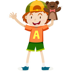 Joyful young child wearing an orange t-shirt and green shorts with a yellow and green cap plays with a teddy bear hand puppet against a clean white background conveying happiness and innocent fun