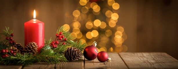Red christmas candle ornaments pine cones and berries on wood with christmas lights background