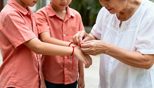 Asian grandmother tying a traditional red string bracelet on her grandson's wrist. Family ritual symbolizing a blessing and good luck. Intergenerational connection and cultural heritage concept