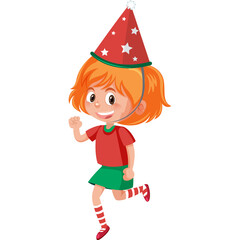 Joyful Young Girl Wearing A Red Party Hat And A Green Skirt With Red Striped Socks Happily Running With A Smile On Her Face Against A White Background
