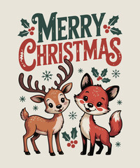 Cute Merry Christmas Vector Illustration with Reindeer and Fox – Festive Holiday Cartoon Design
