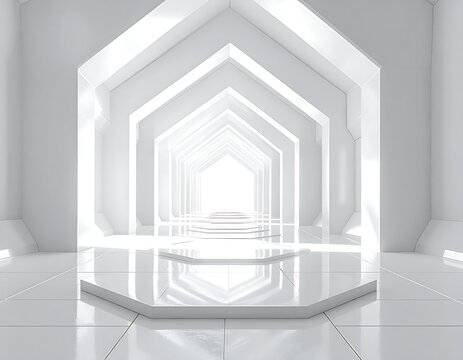 Futuristic, bright, geometric hallway with a stage