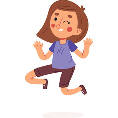 Joyful Young Girl With Brown Hair Wears Blue T Shirt And Brown Shorts Midair With One Eye Winking And Hands Raised