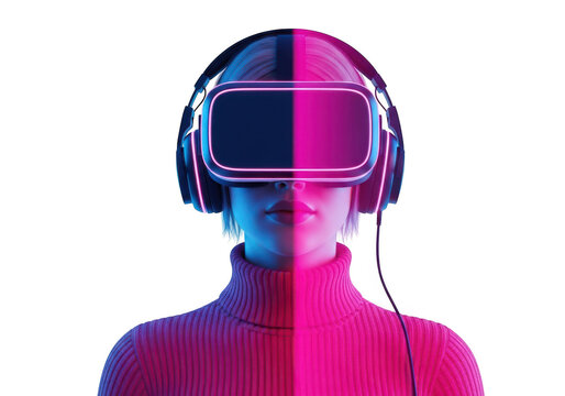 Futuristic woman exploring virtual reality with vr headset and neon light isolated on transparent background