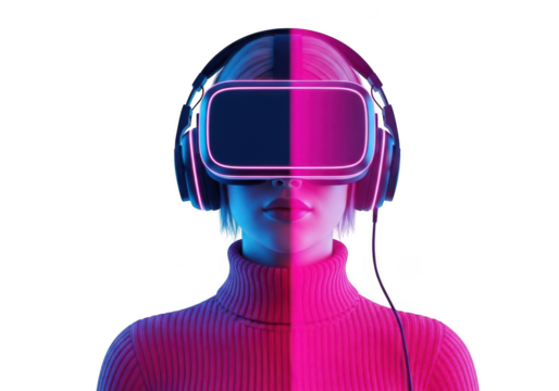 Futuristic woman exploring virtual reality with vr headset and neon light isolated on transparent background - Powered by Adobe