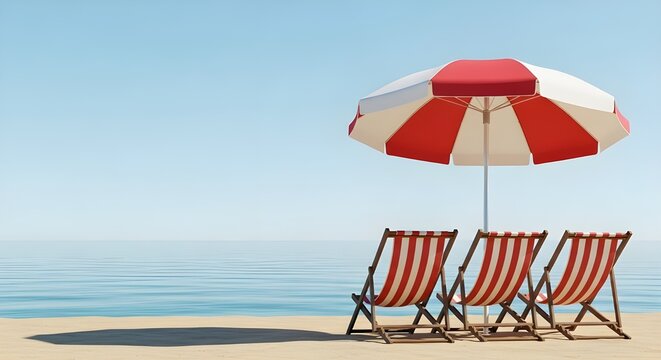 Three striped beach chairs and umbrella on a sandy beach with calm ocean and clear sky - Powered by Adobe