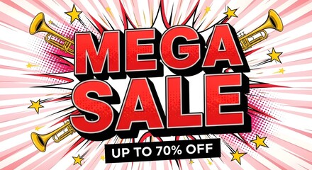 Bold mega sale announcement with trumpets and stars up to 70 percent off
