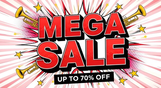 Bold mega sale announcement with trumpets and stars up to 70 percent off
