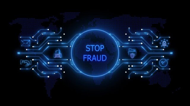 Stop fraud concept with world map, circuit board, and digital icons on black background technology