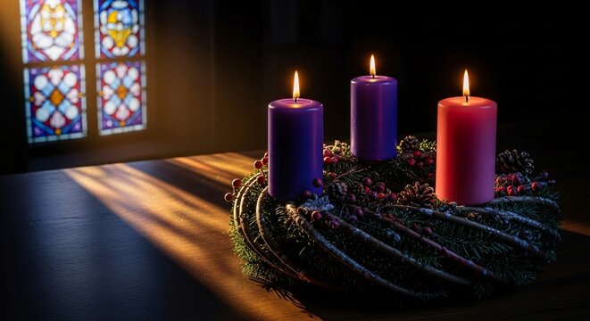 Gaudete Sunday Advent Wreath Candles Lit Celebrating Joyful Third Sunday of Advent Tradition