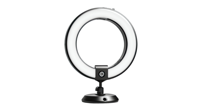 black an white ring light with stand isolated on white background