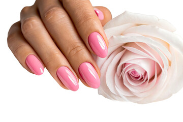 Close up of a woman's hand with pink nails beside a delicate rose